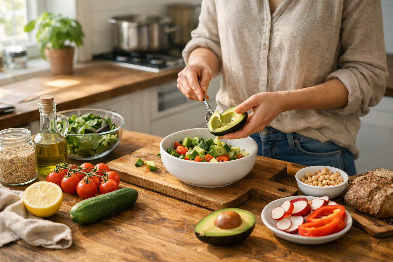Osoba priprema jednostavan zdrav obrok u kuhinji tokom dana.