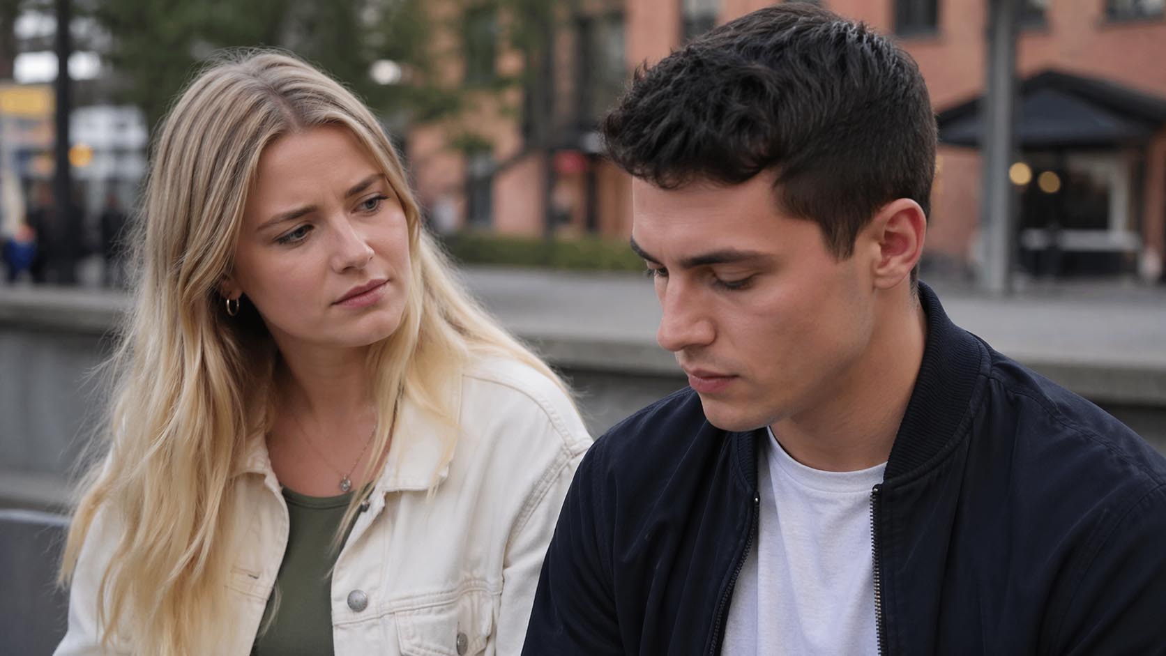 Dvoje mladih razgovaraju, jedan izbegava pogled dok drugi pažljivo posmatra.