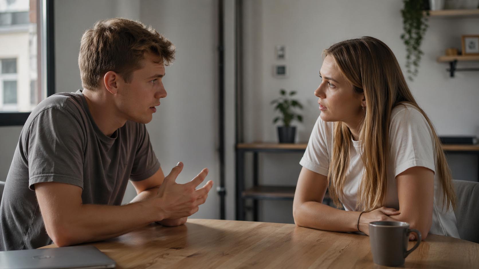 Mladić i devojka sede za stolom i vode ozbiljan razgovor uz fokusirane izraze lica.