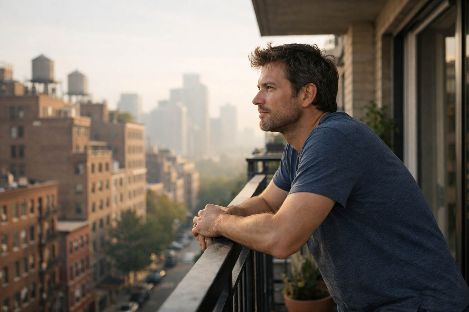 Osoba stoji na terasi ujutru i gleda u daljinu zamišljeno.