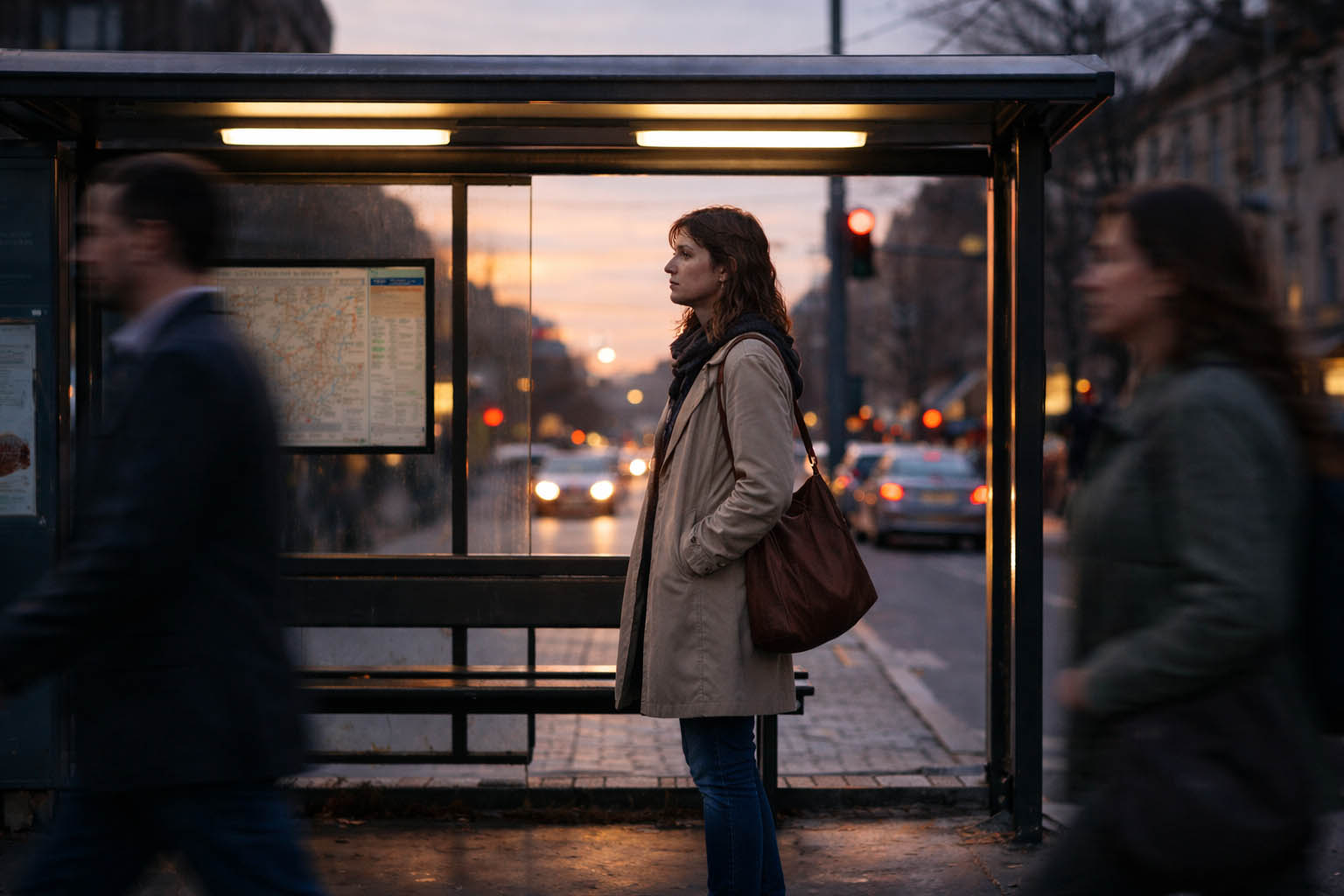 Osoba stoji sama na autobuskoj stanici i gleda u daljinu dok ljudi prolaze pored nje.