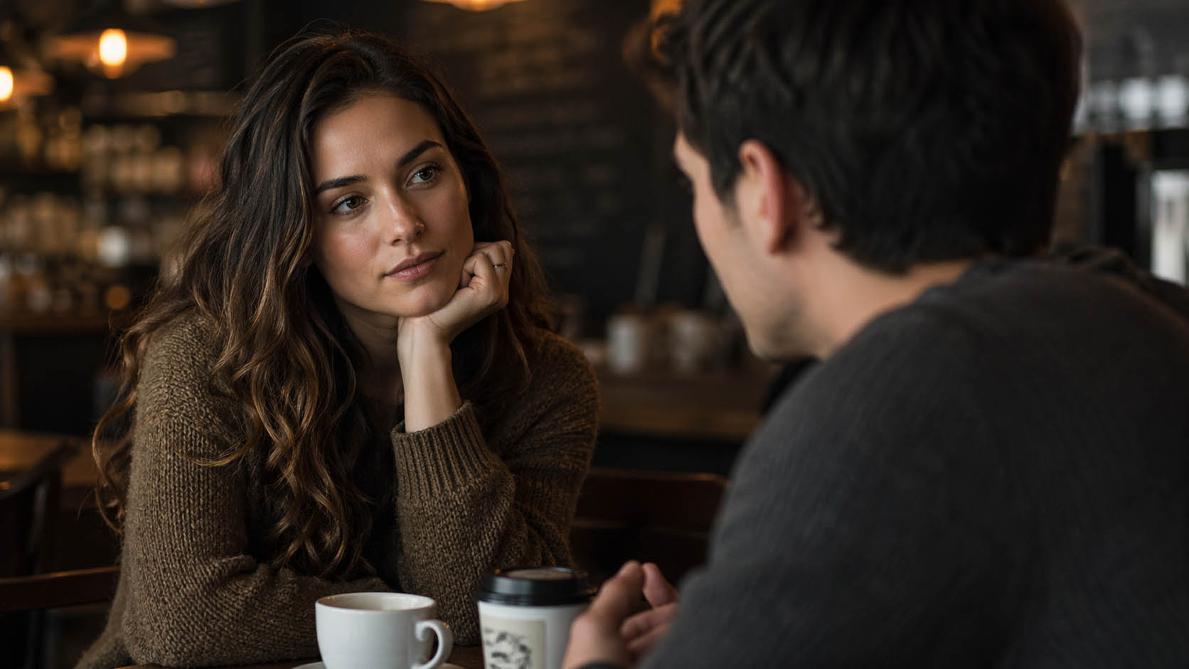Devojka pažljivo posmatra partnera dok on govori, u mirnom ambijentu.