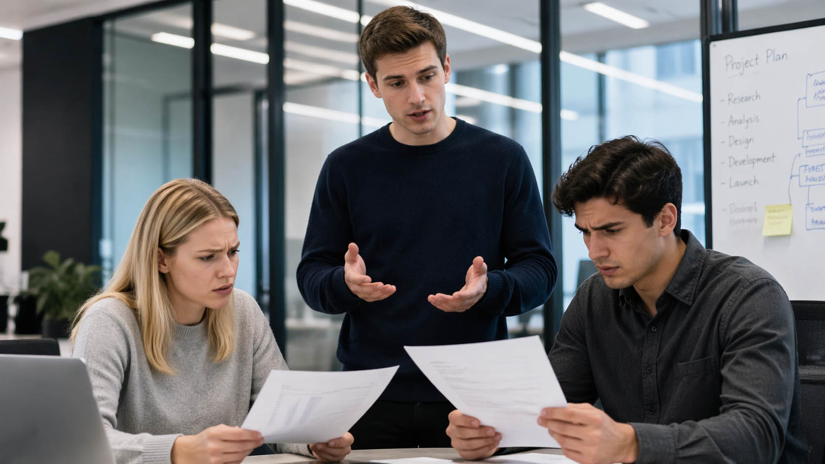 Mladić smireno objašnjava rešenje dok drugi zbunjeno gledaju u papire.