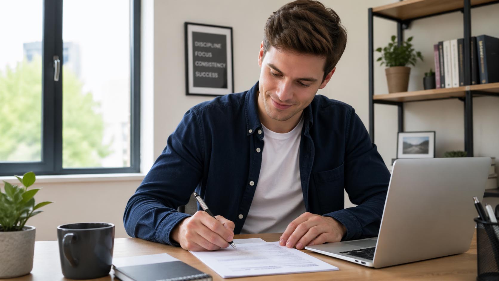 Mladić fokusirano završava zadatak za stolom sa osećajem olakšanja.