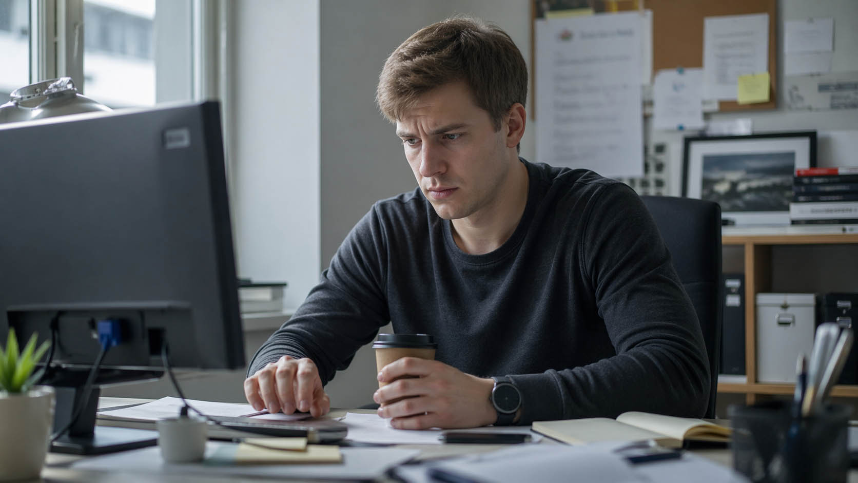 Mladić drži šolju kafe i deluje nervozno dok sedi za stolom.