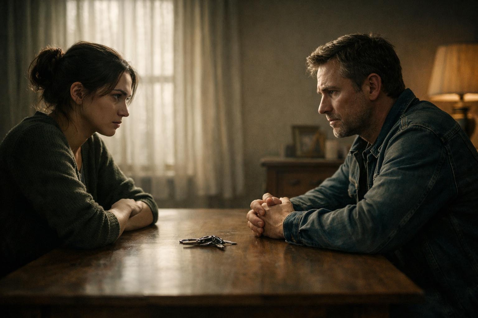 Dvoje ljudi sede jedno naspram drugog u tišini, u trenutku odluke.