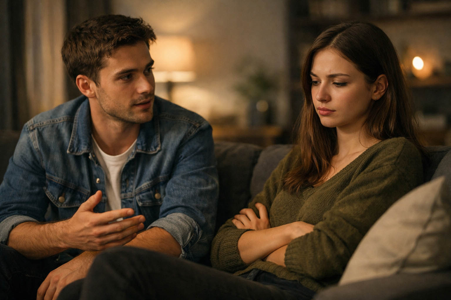 Mladi par razgovara u tišini, fokus na izrazima lica i suptilnoj napetosti.