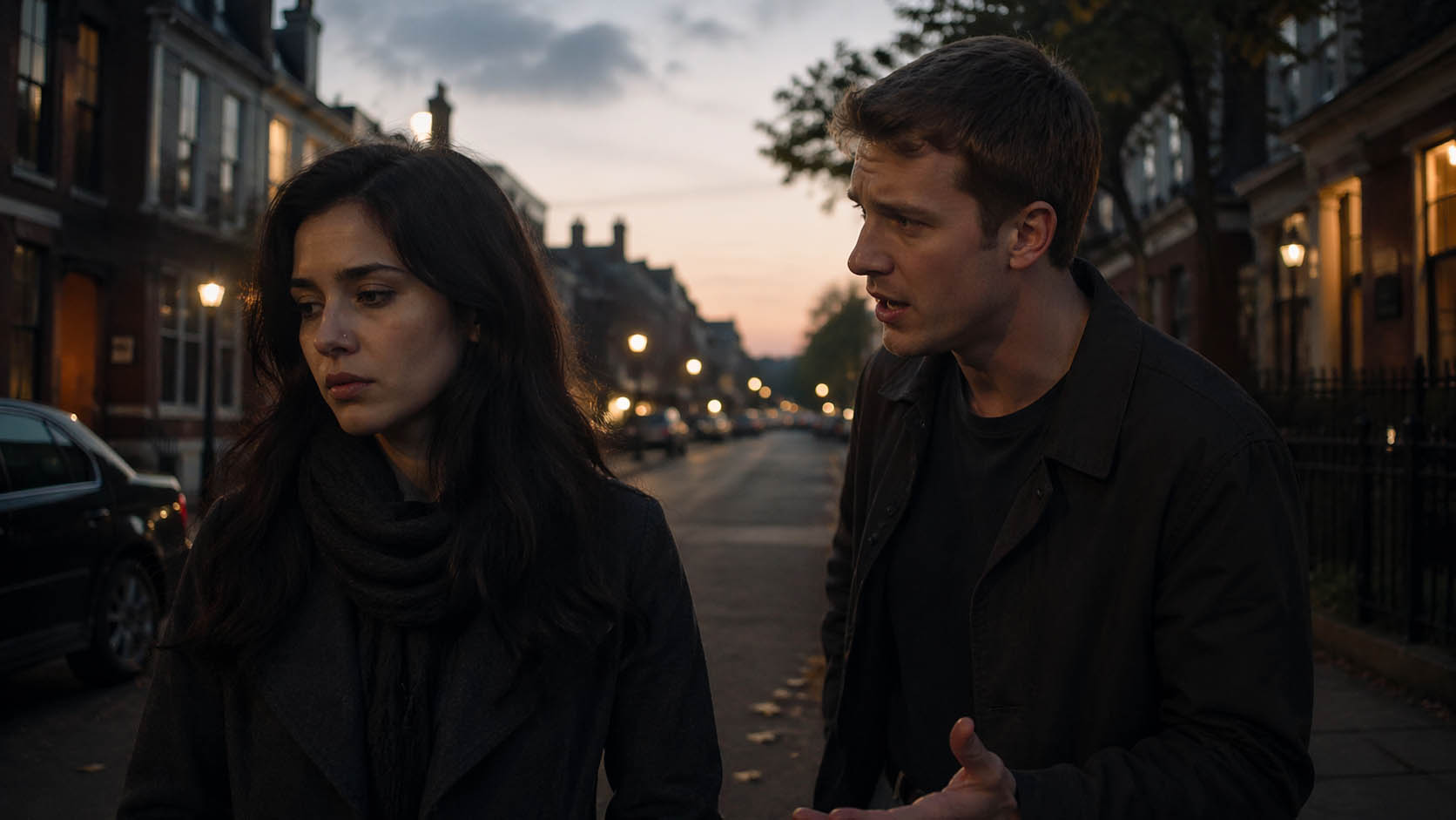 Mladi par stoji napolju u večernjem svetlu, jedno gleda u stranu dok drugo govori ozbiljno.