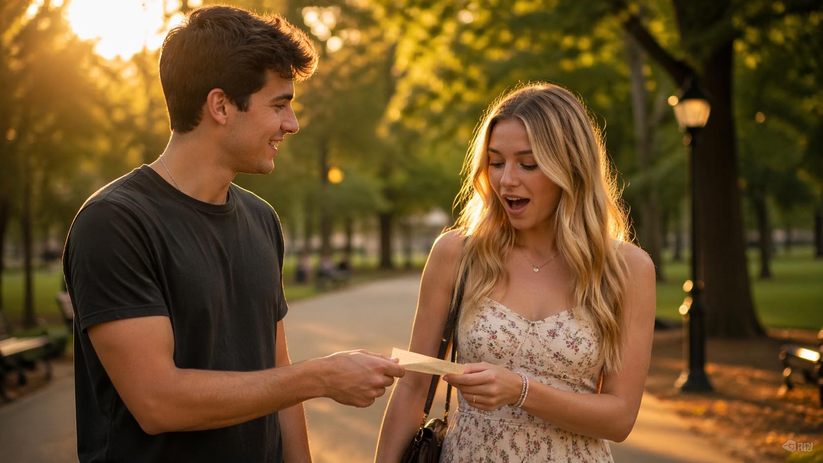 Mladi par u šetnji, jedan pravi neočekivan gest dok drugi reaguje iznenađeno.