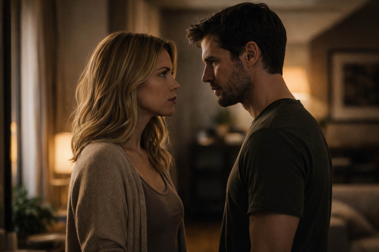 Par stoji jedno naspram drugog u tišini, napet trenutak pre odluke.