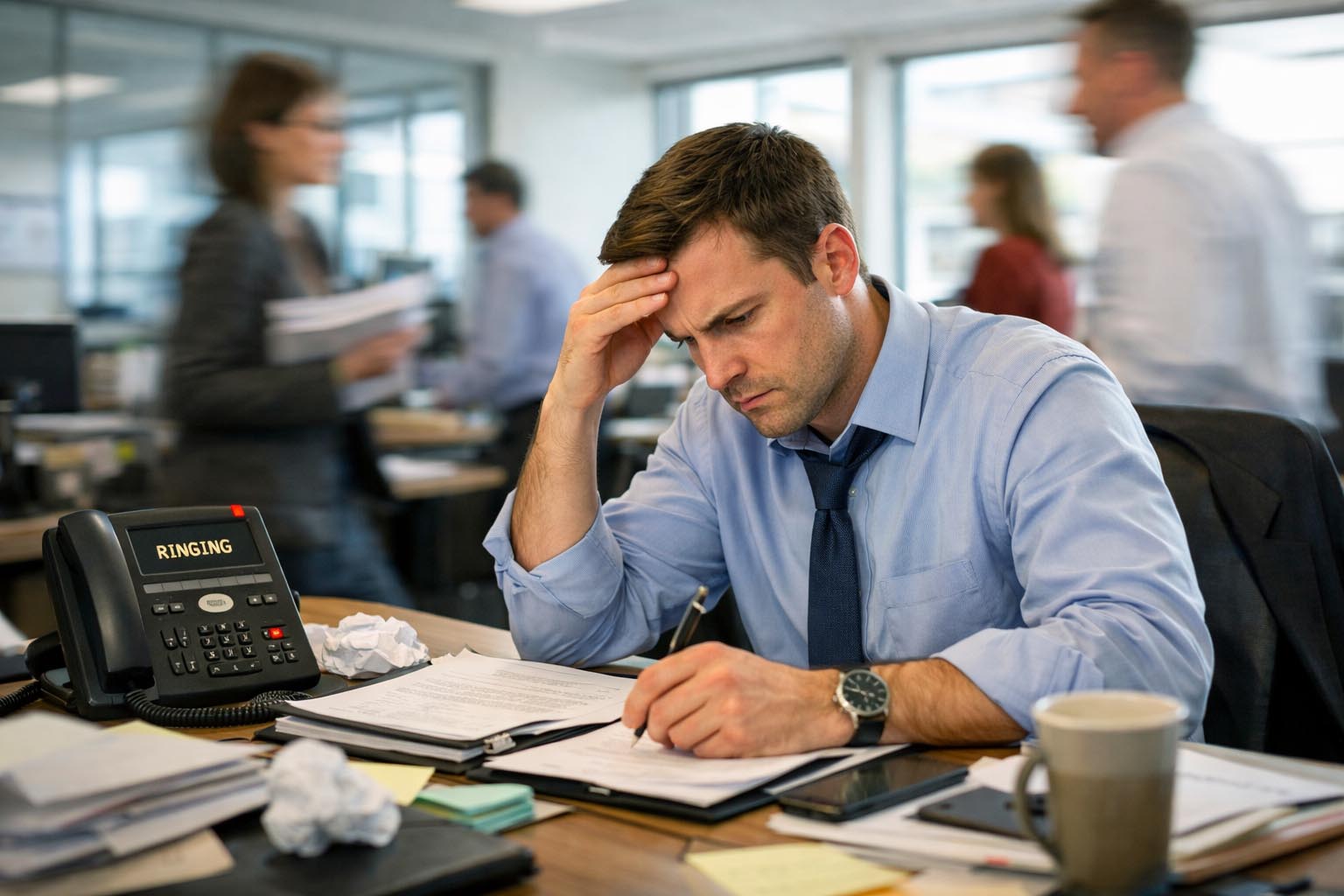 Osoba u kancelariji brzo reaguje dok telefoni zvone i kolege razgovaraju u pozadini.