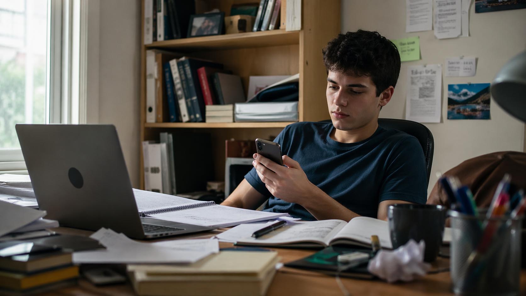 Mladić rasejano koristi telefon dok oko njega stoje obaveze.