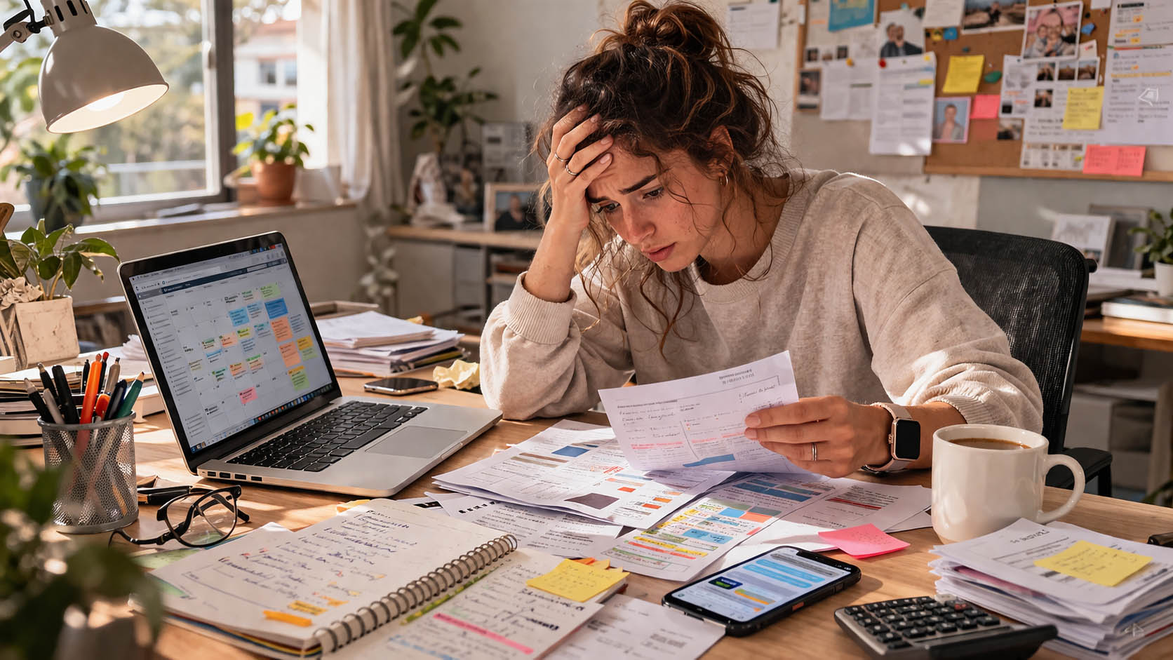 Osoba sedi za stolom sa više otvorenih zadataka i deluje preopterećeno.