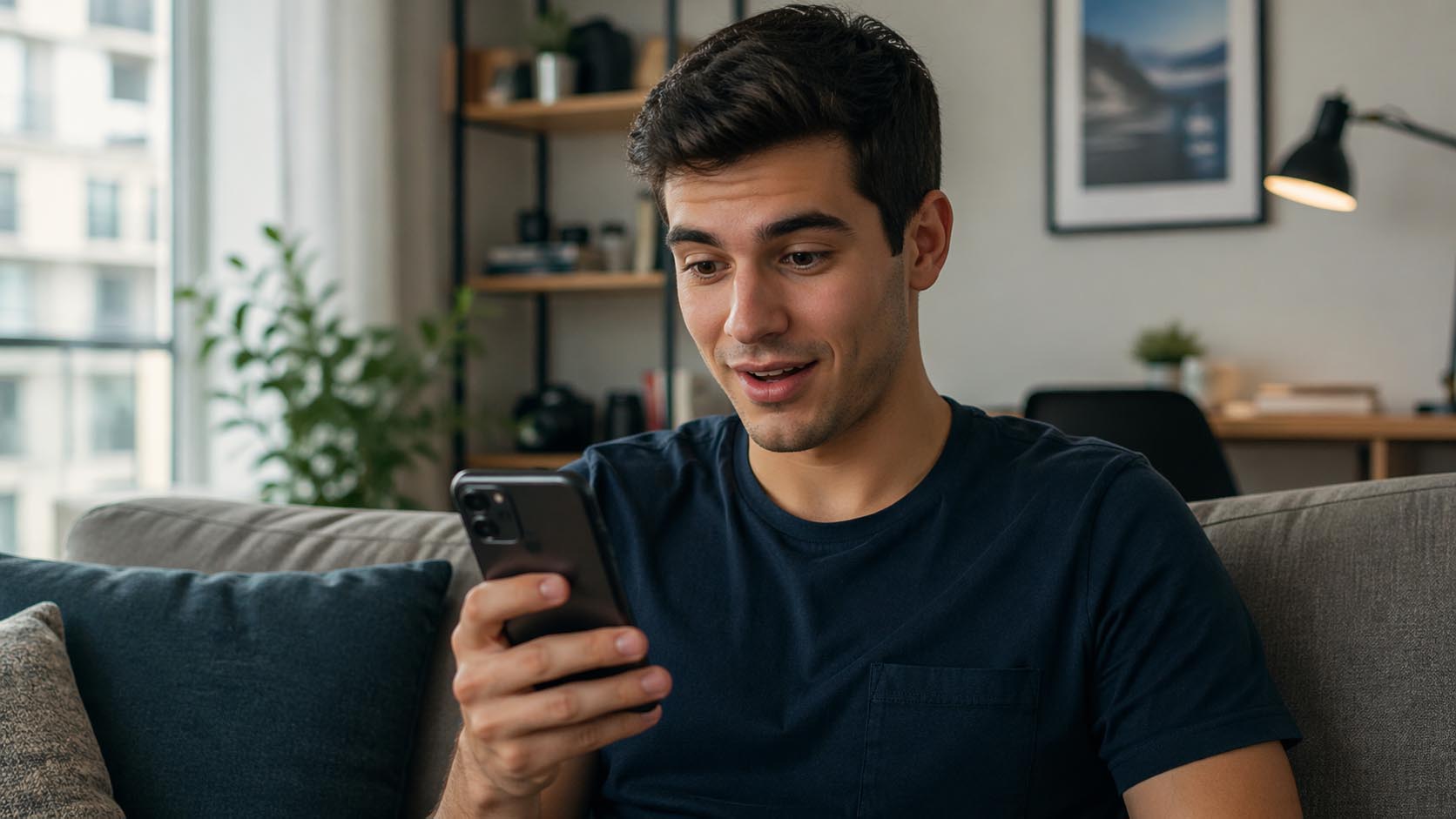 Mladić iznenađeno gleda u telefon nakon što vidi priliv novca.