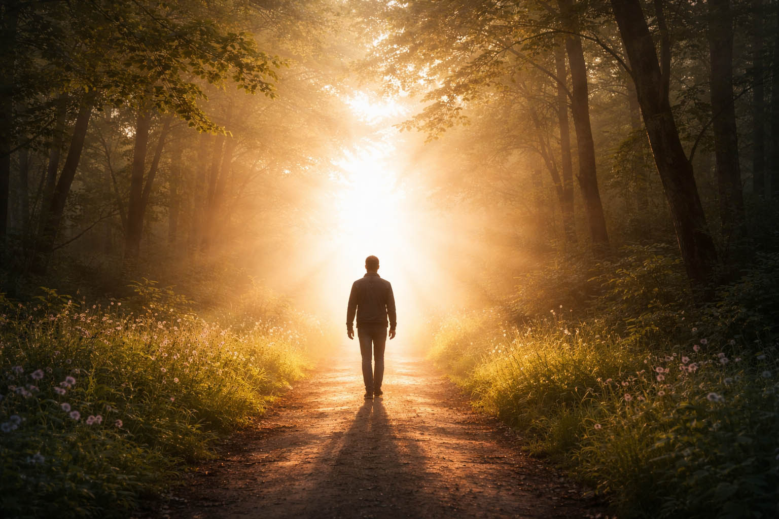 Osoba korača napred ka svetlu na kraju puta.