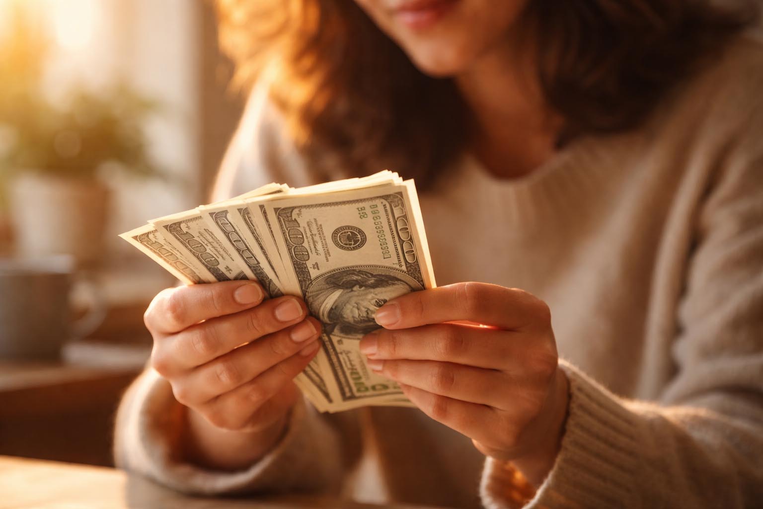 Osoba drži novac u ruci sa osmehom, simbol finansijskog olakšanja.