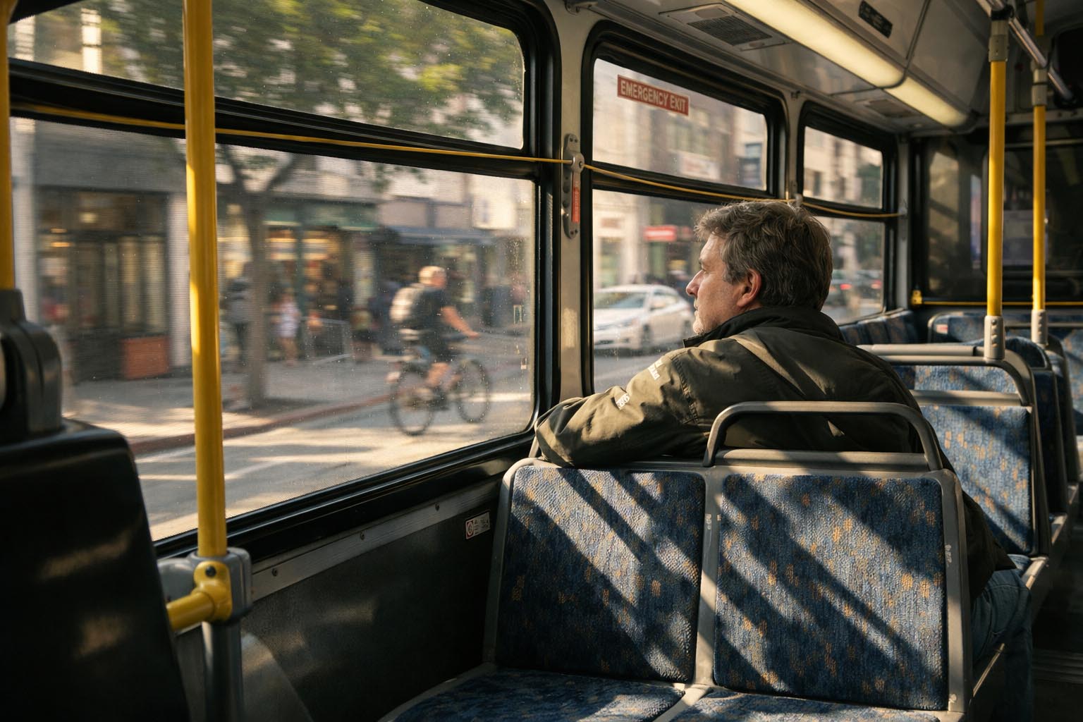 Osoba sedi sama u autobusu tokom dana i zamišljeno gleda kroz prozor.