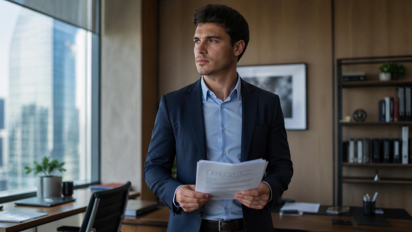 Mladić ozbiljno donosi odluku dok stoji u kancelariji.