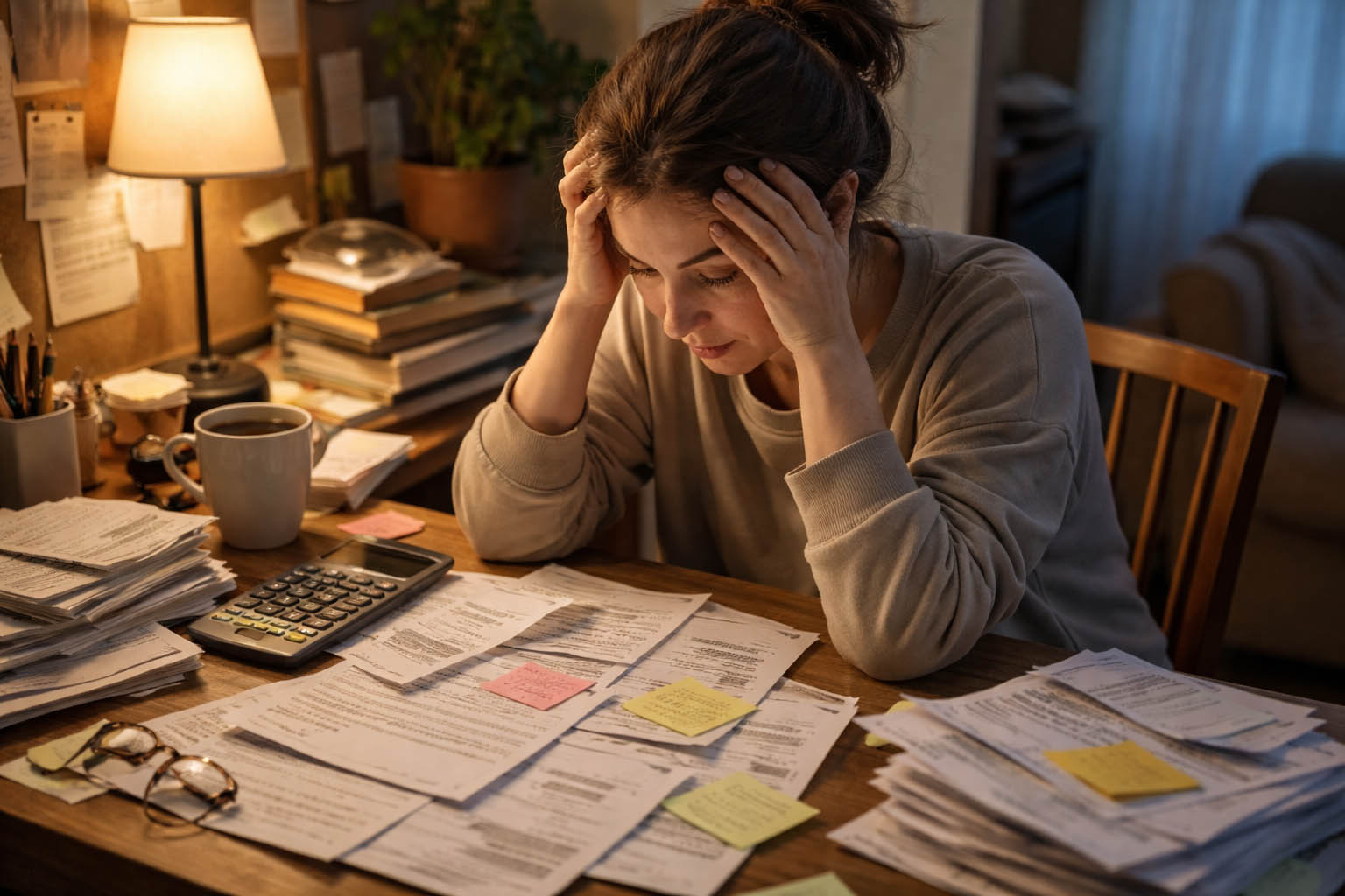Osoba sedi za stolom i gleda u gomilu neodgovorenih obaveza i papira.