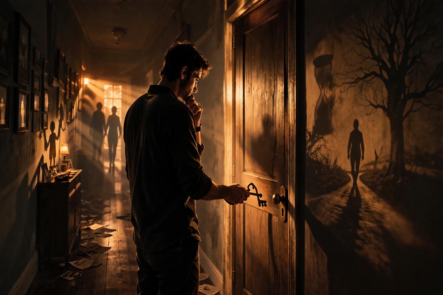 Osoba stoji ispred zatvorenih vrata sa starim ključem u ruci.