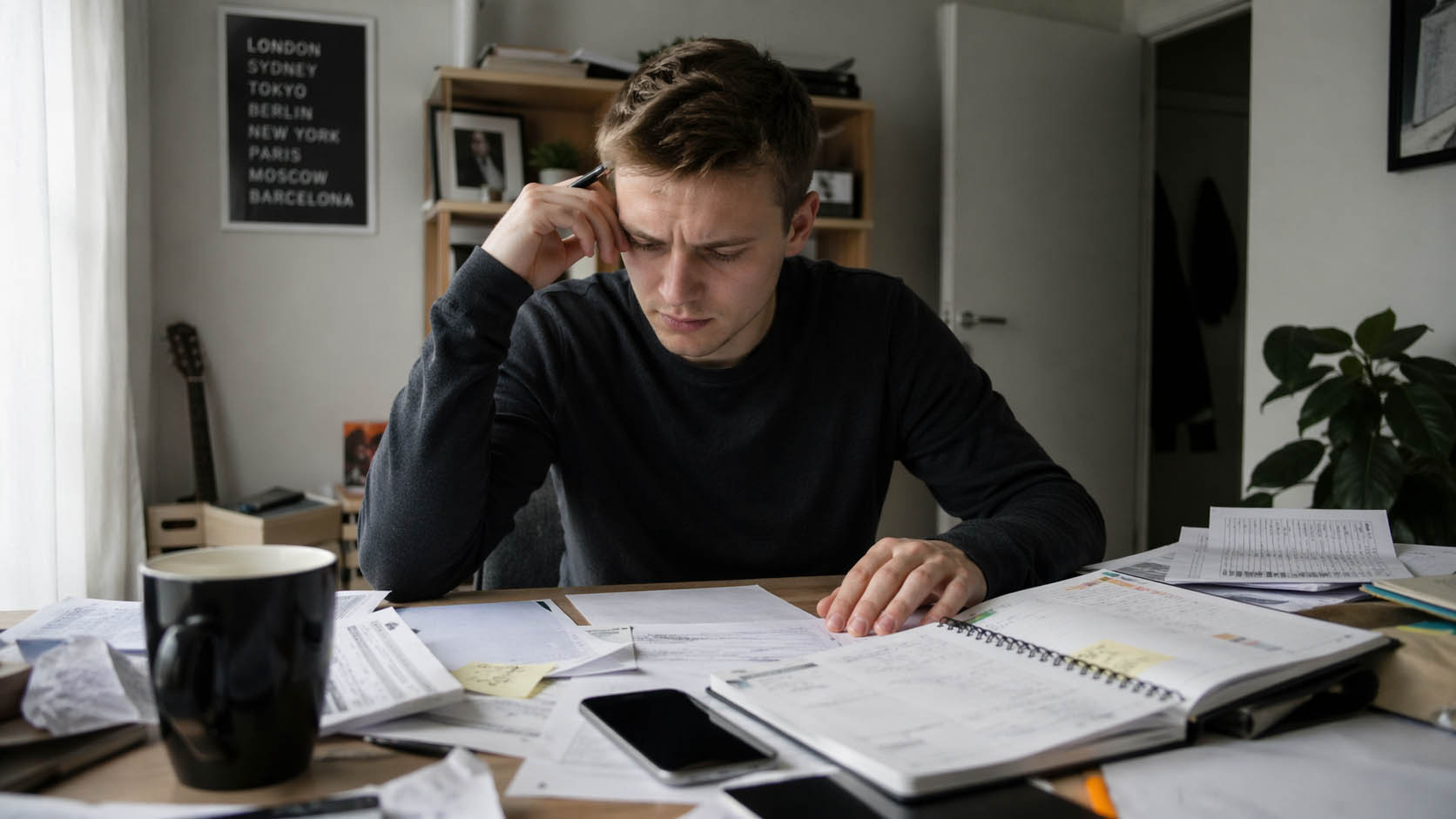 Mladić sedi za stolom okružen papirom i pokušava da se organizuje.