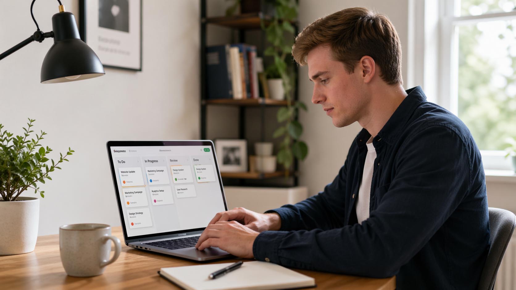 Mladić organizuje zadatke na laptopu i deluje fokusirano i smireno.
