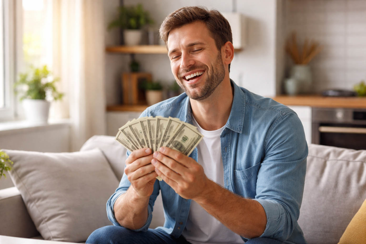 Osoba drži novac u ruci i izgleda olakšano.