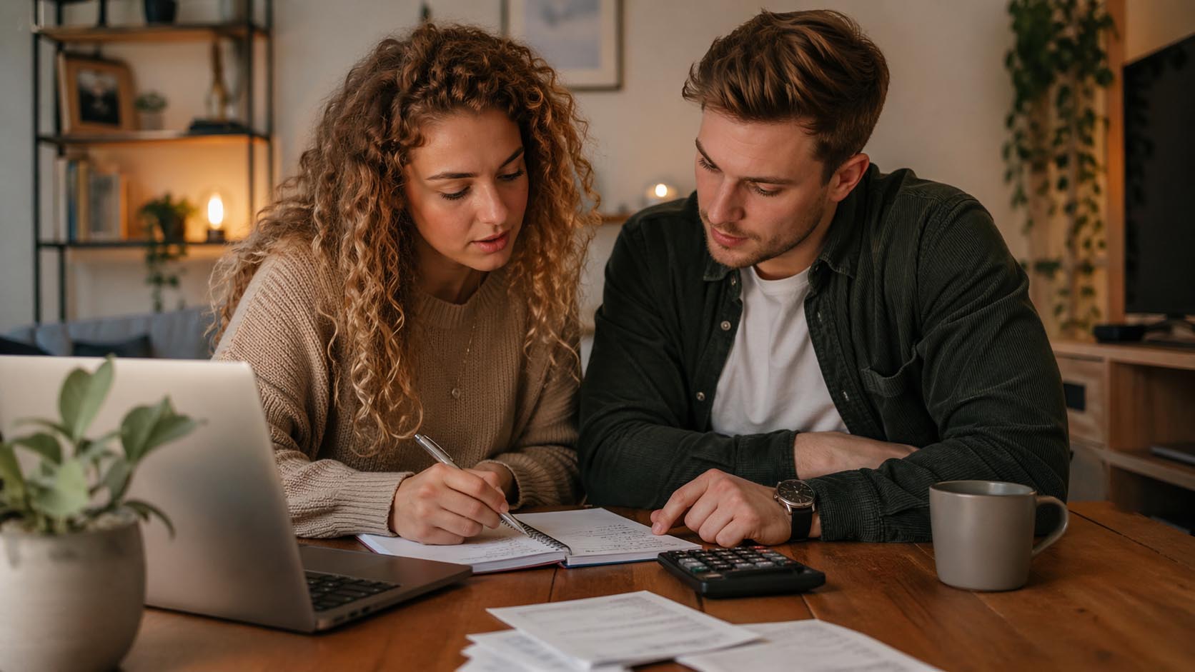 Mladi ljudi planiraju budžet uz laptop i beleške na stolu.
