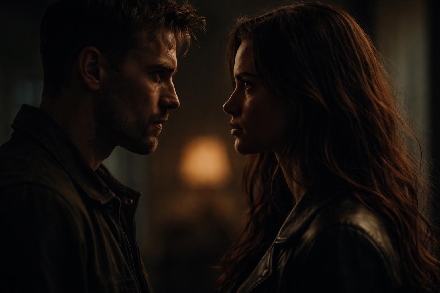 Dvoje ljudi stoje jedno naspram drugog i gledaju se u tišini, napet trenutak bez reči.