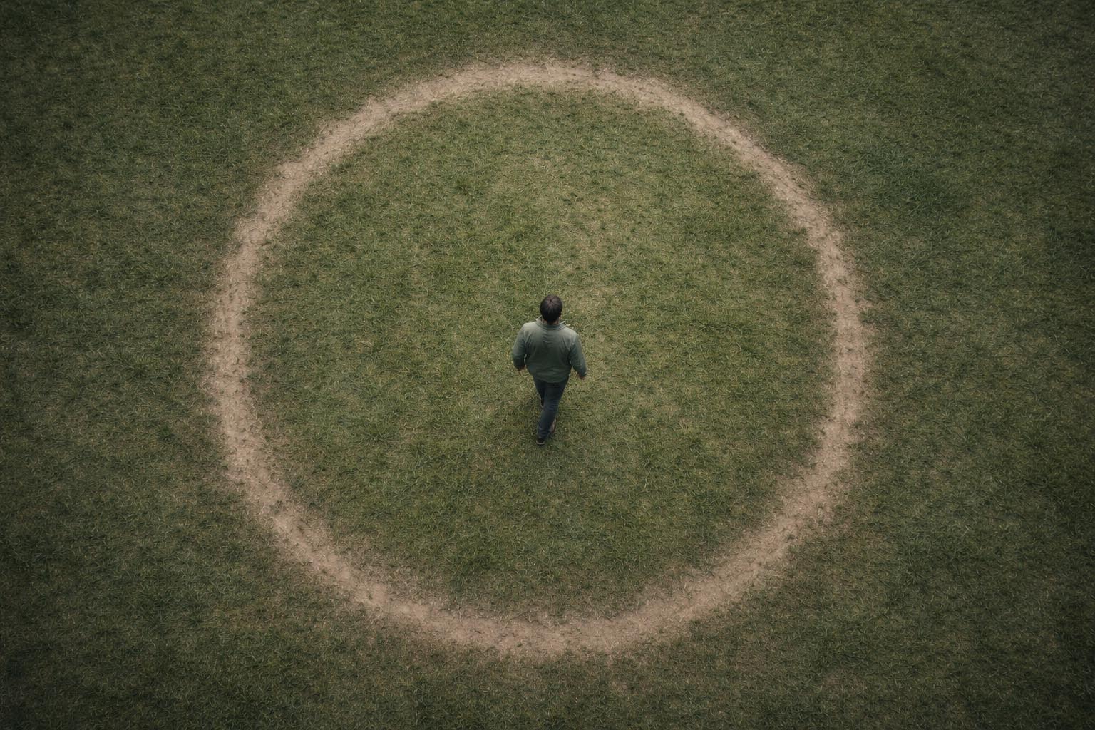 Osoba hoda u krug po istoj stazi u parku, ostavljajući vidljiv trag u travi.