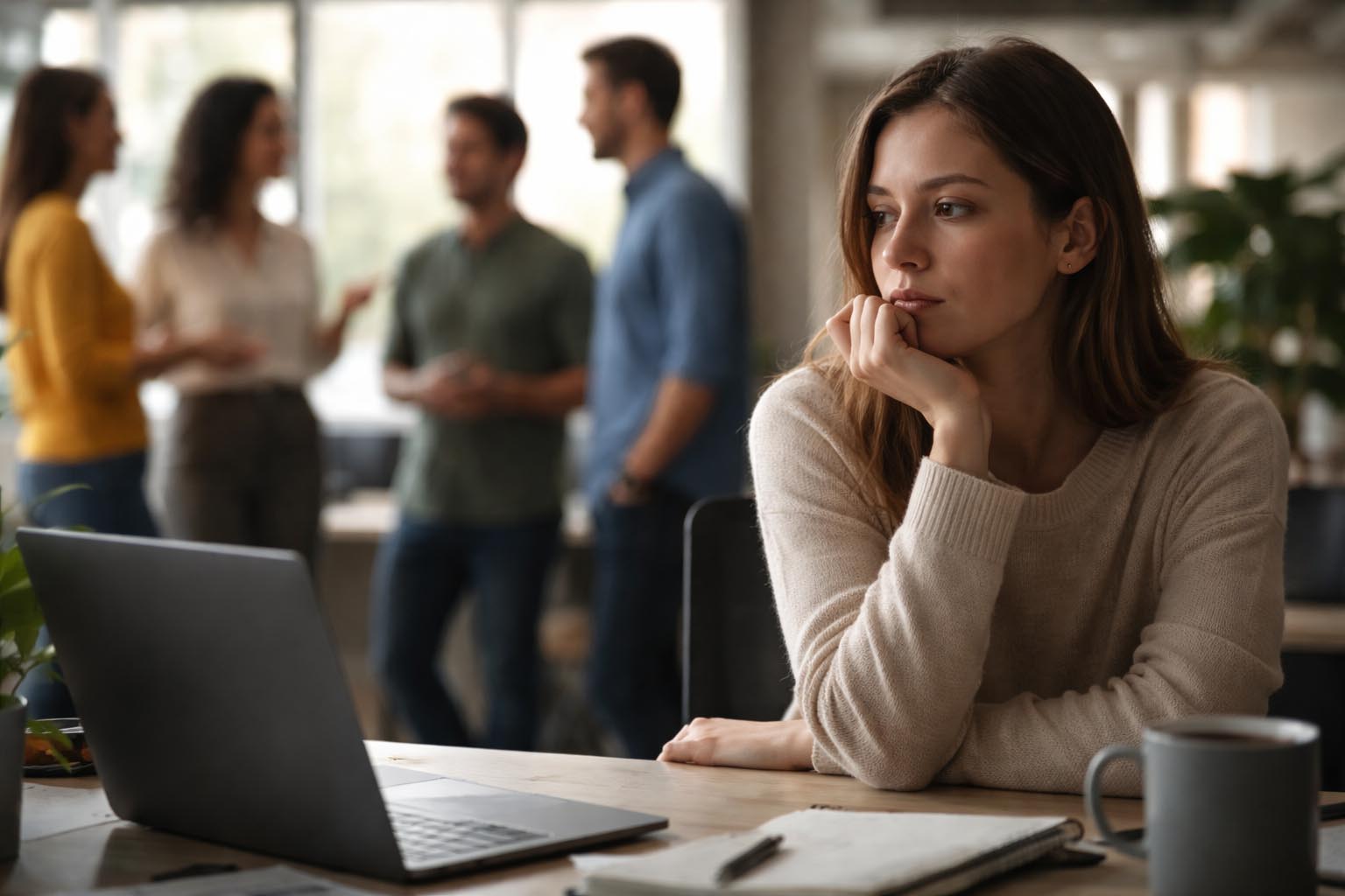 Kancelarija sa nekoliko kolega gde jedna osoba posmatra situaciju sa strane dok drugi razgovaraju.