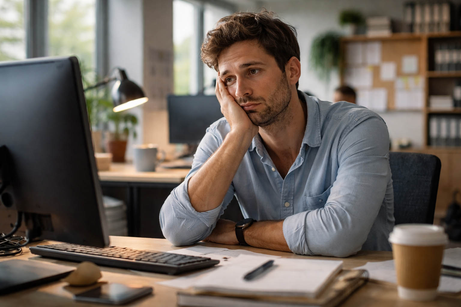 Osoba sedi za radnim stolom i zamišljeno gleda u ekran računara.
