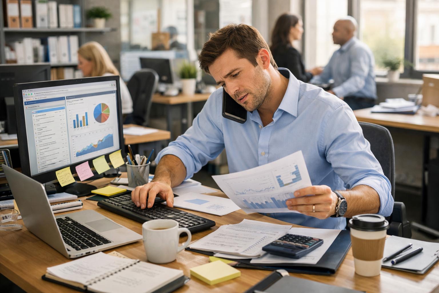 Osoba radi u dinamičnom kancelarijskom okruženju sa više zadataka.