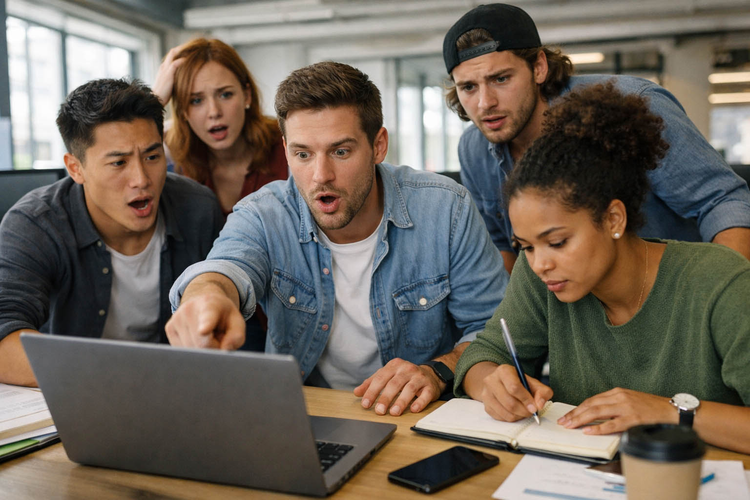 Mladi poslovni tim reaguje na hitnu situaciju u modernoj kancelariji.