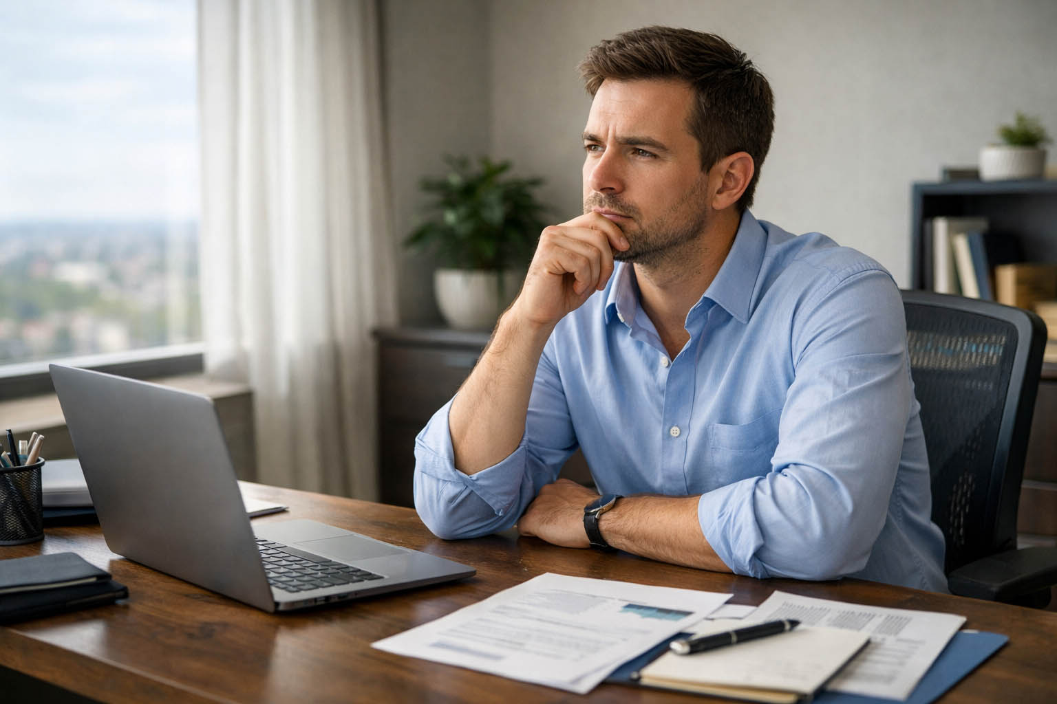 Osoba sedi za radnim stolom i razmišlja o važnoj poslovnoj odluci.