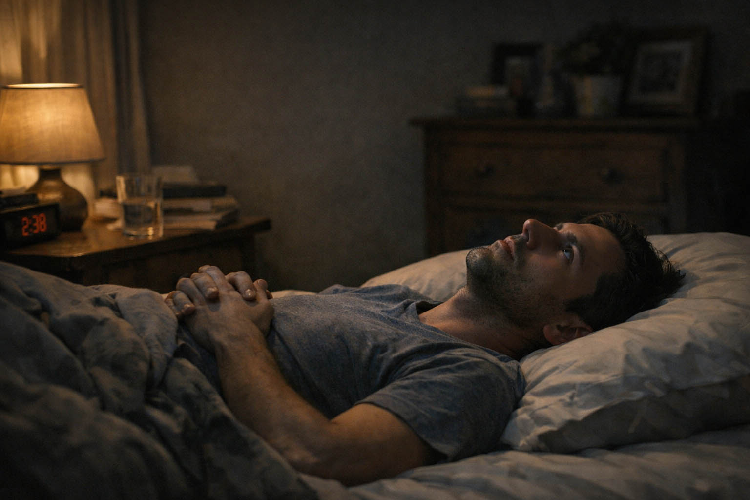 Osoba leži u krevetu noću i gleda u plafon dok ne može da zaspi.