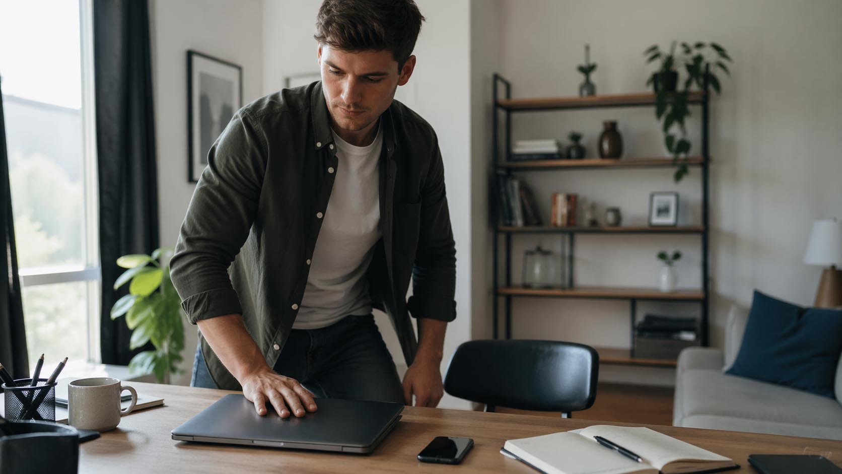 Mladić odlučno zatvara laptop i ustaje sa stola, spreman za promenu.