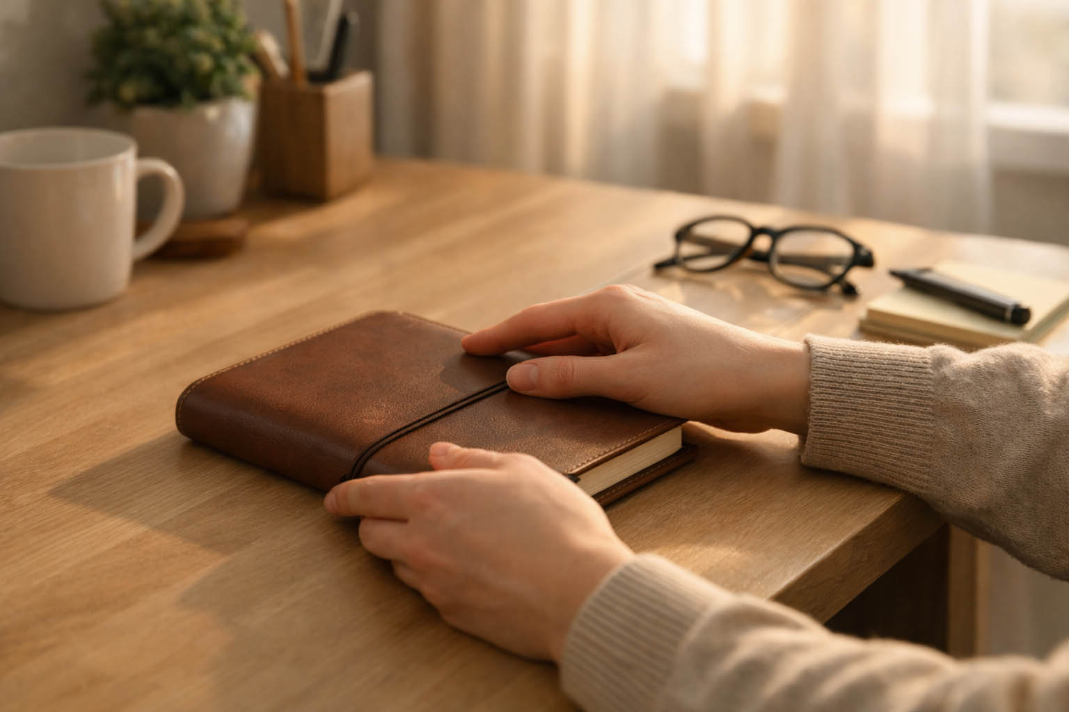 Osoba zatvara rokovnik i odlaže ga na sto kao znak prekida stare rutine.