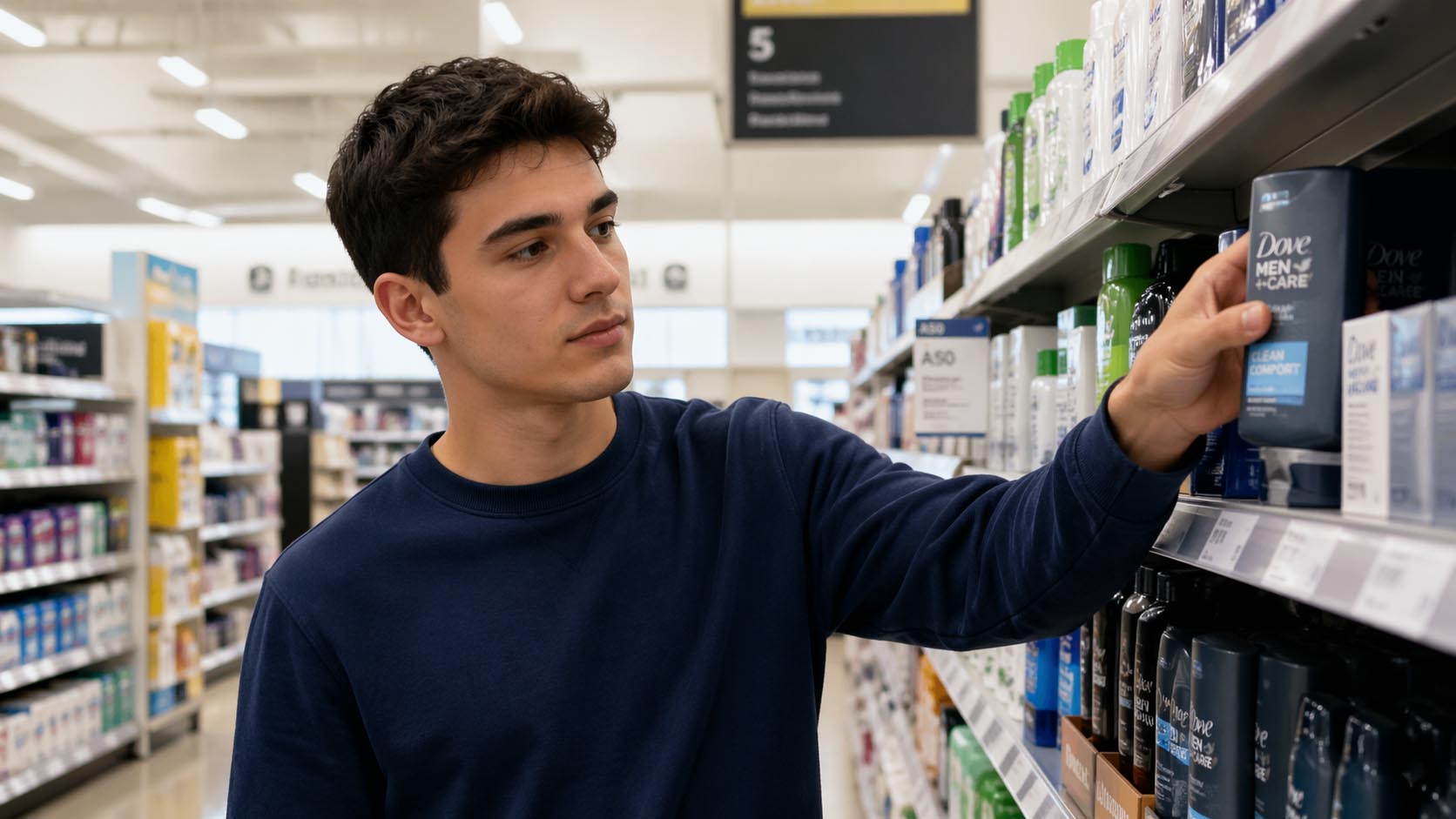 Mladić vraća proizvod na policu u prodavnici nakon razmišljanja.