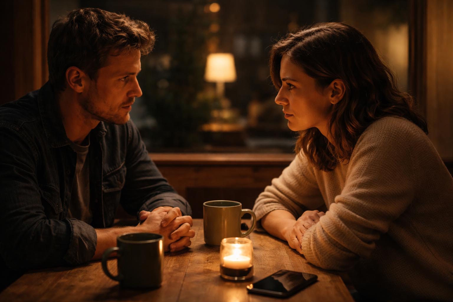 Dvoje ljudi razgovaraju ozbiljno u mirnom okruženju.