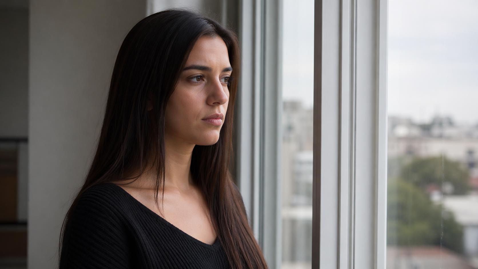 Devojka zamišljeno gleda kroz prozor, suočena sa sopstvenim mislima.