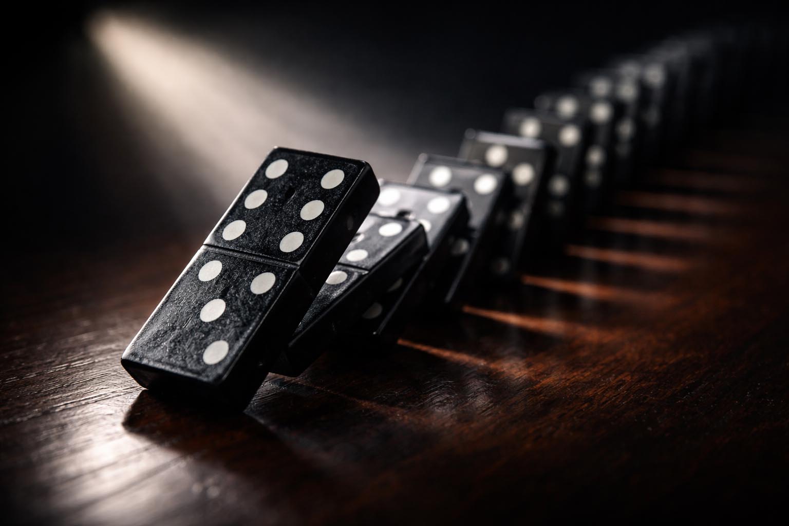 Mala domina koja obara niz drugih domina u pokretu.