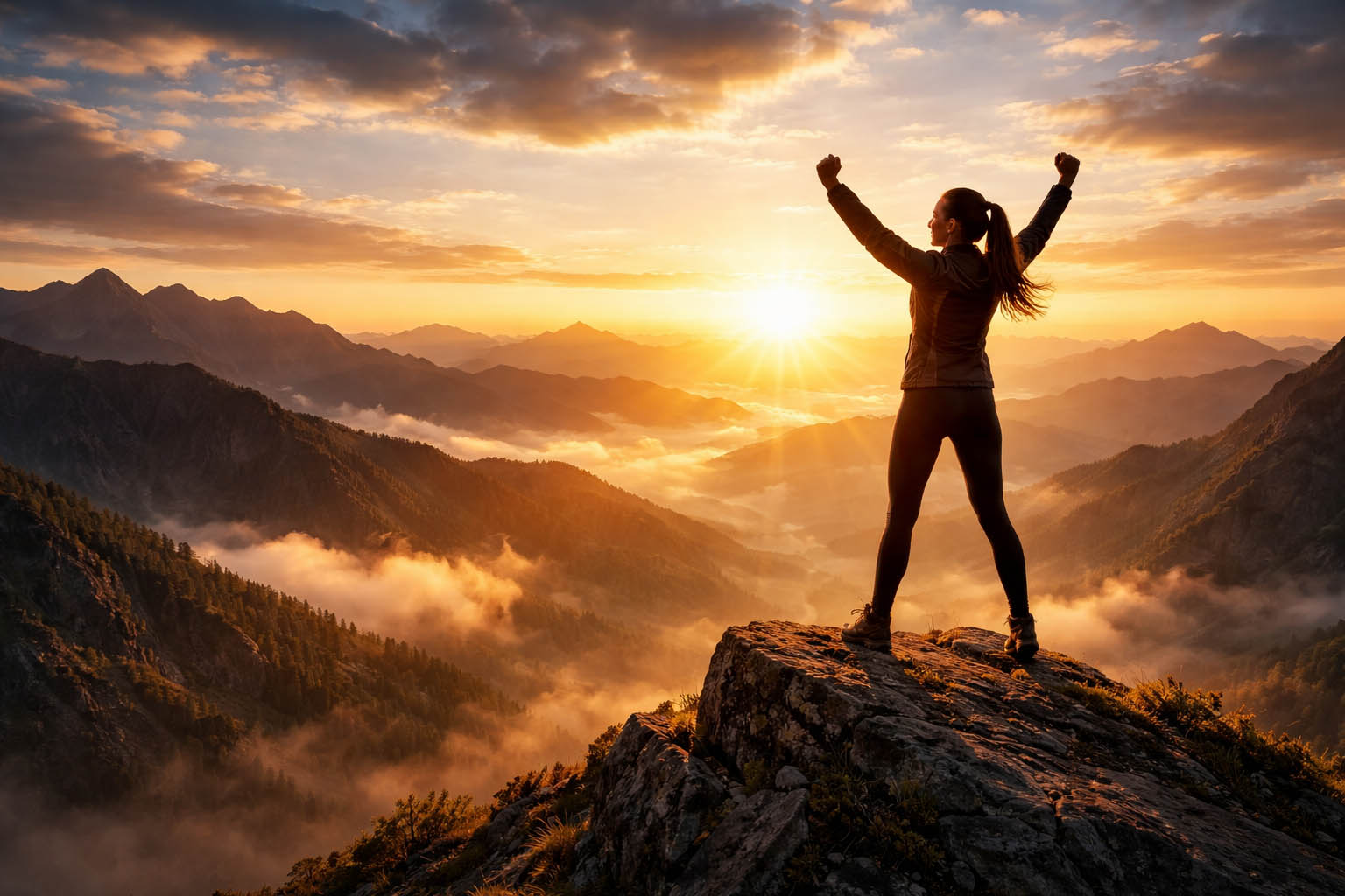 Osoba stoji na vrhu planine kao simbol pobede.