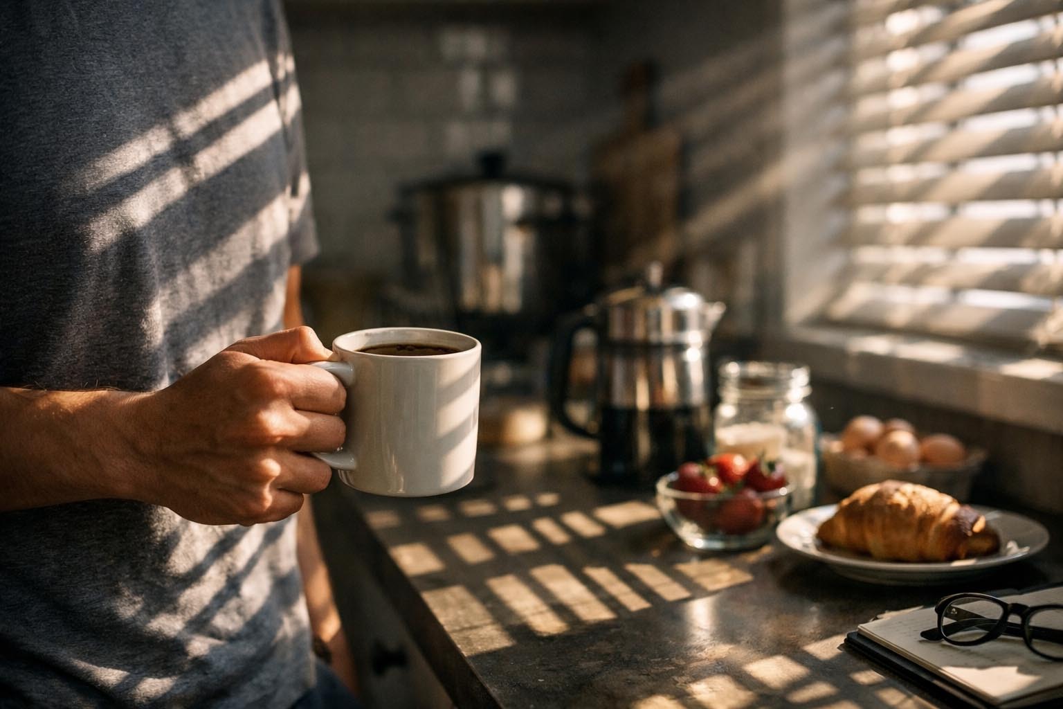 Osoba stoji u kuhinji i zamišljeno drži šolju kafe, uhvaćena u trenutku razmišljanja.