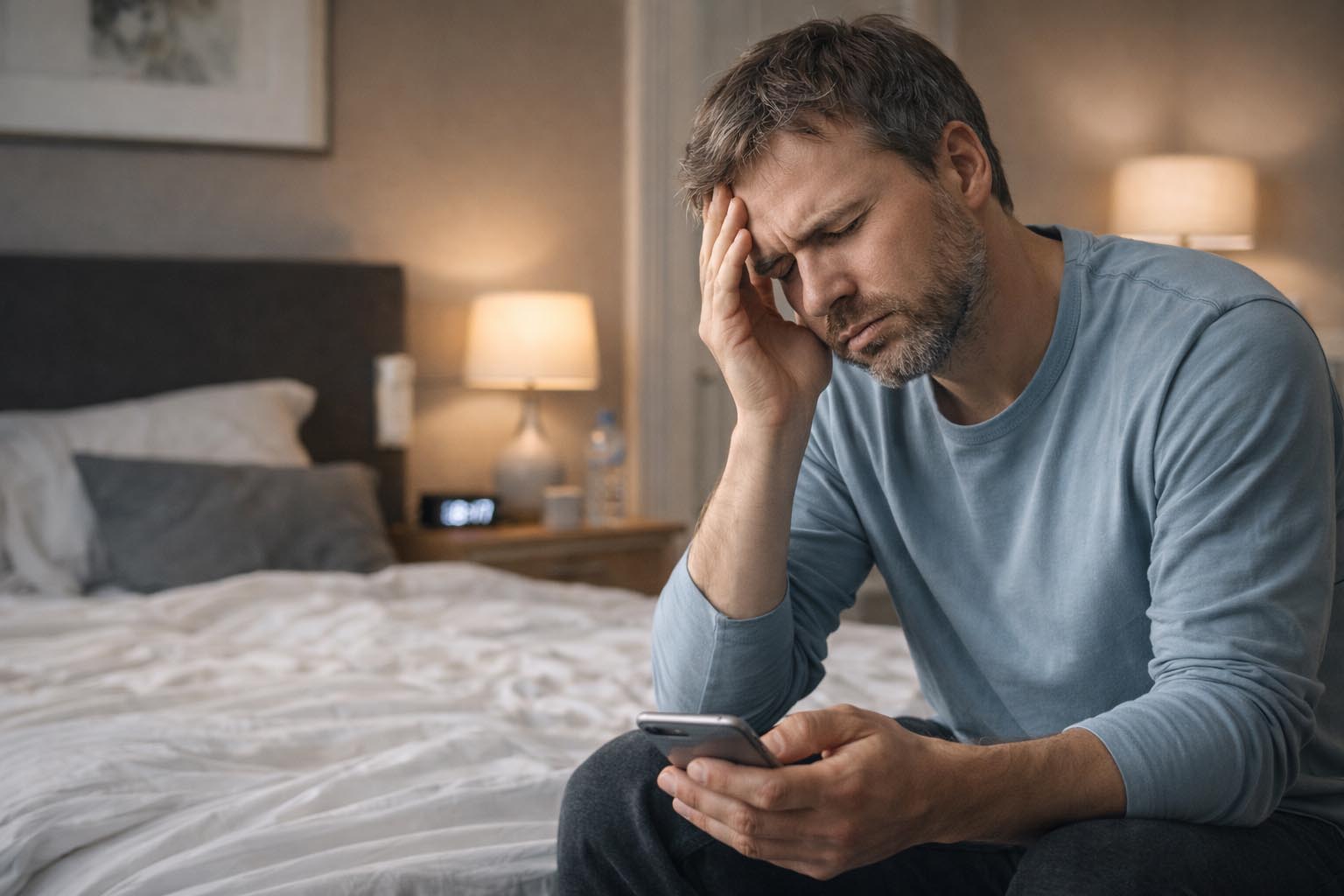 Osoba sedi i drži se za stomak ili glavu, pokazujući nelagodnost.