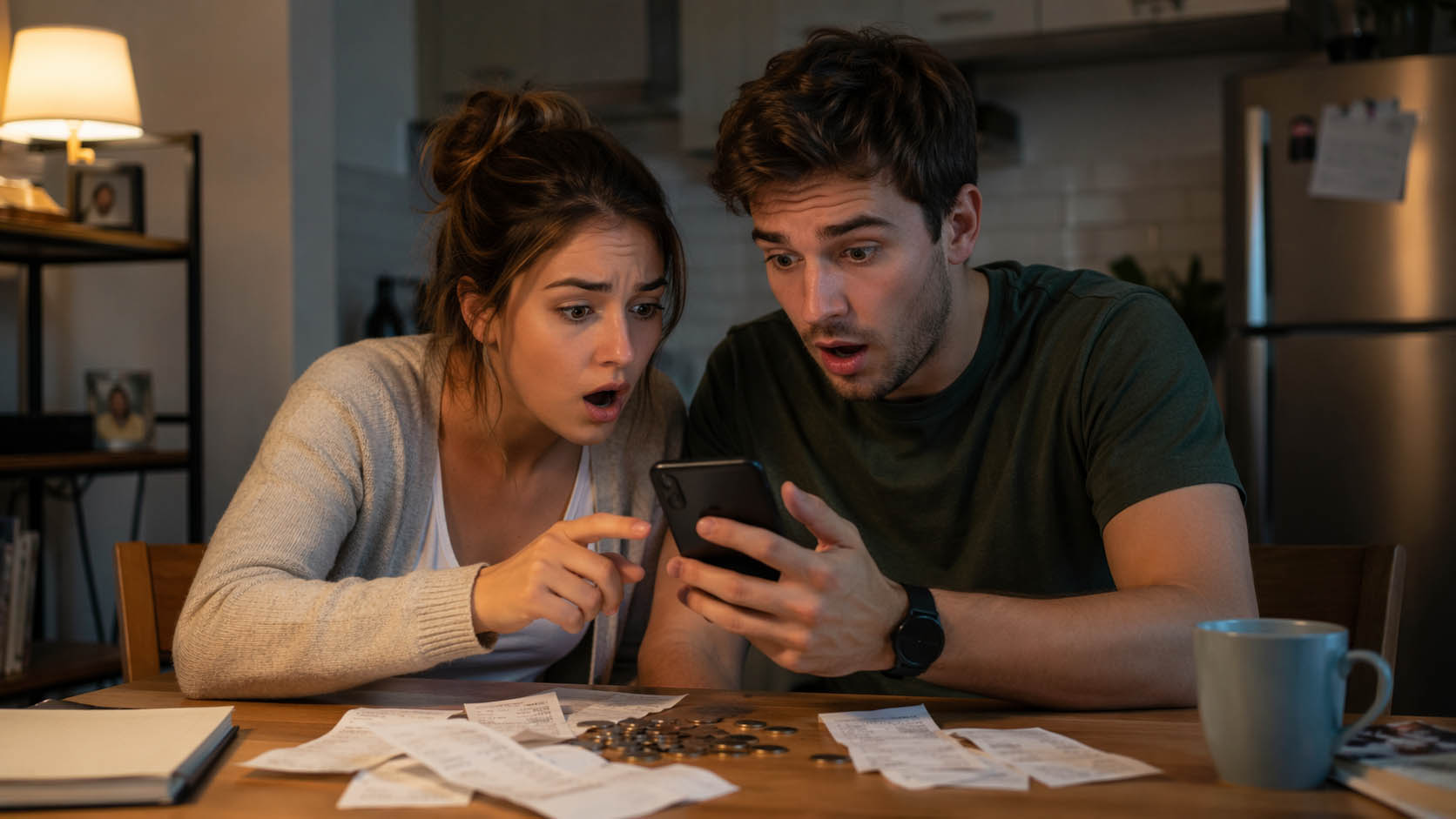 Mladi par gleda u račun na telefonu i iznenađeno reaguje.