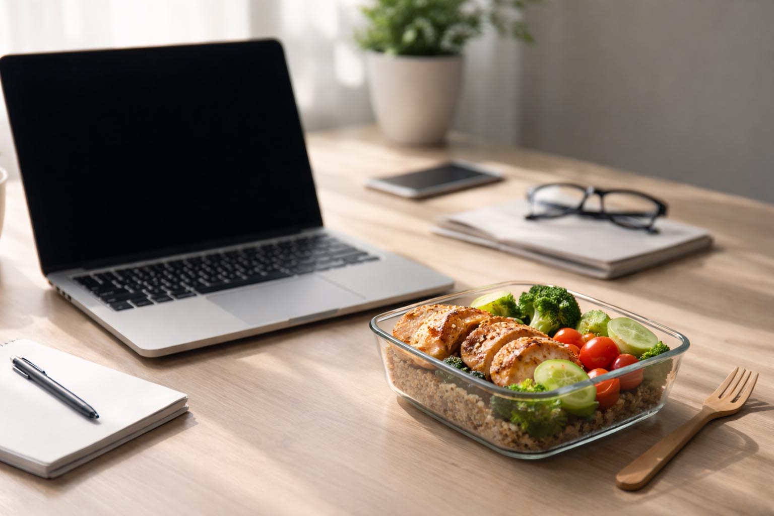 Radni sto sa laptopom i pored njega zdravi obrok koji stoji netaknut.