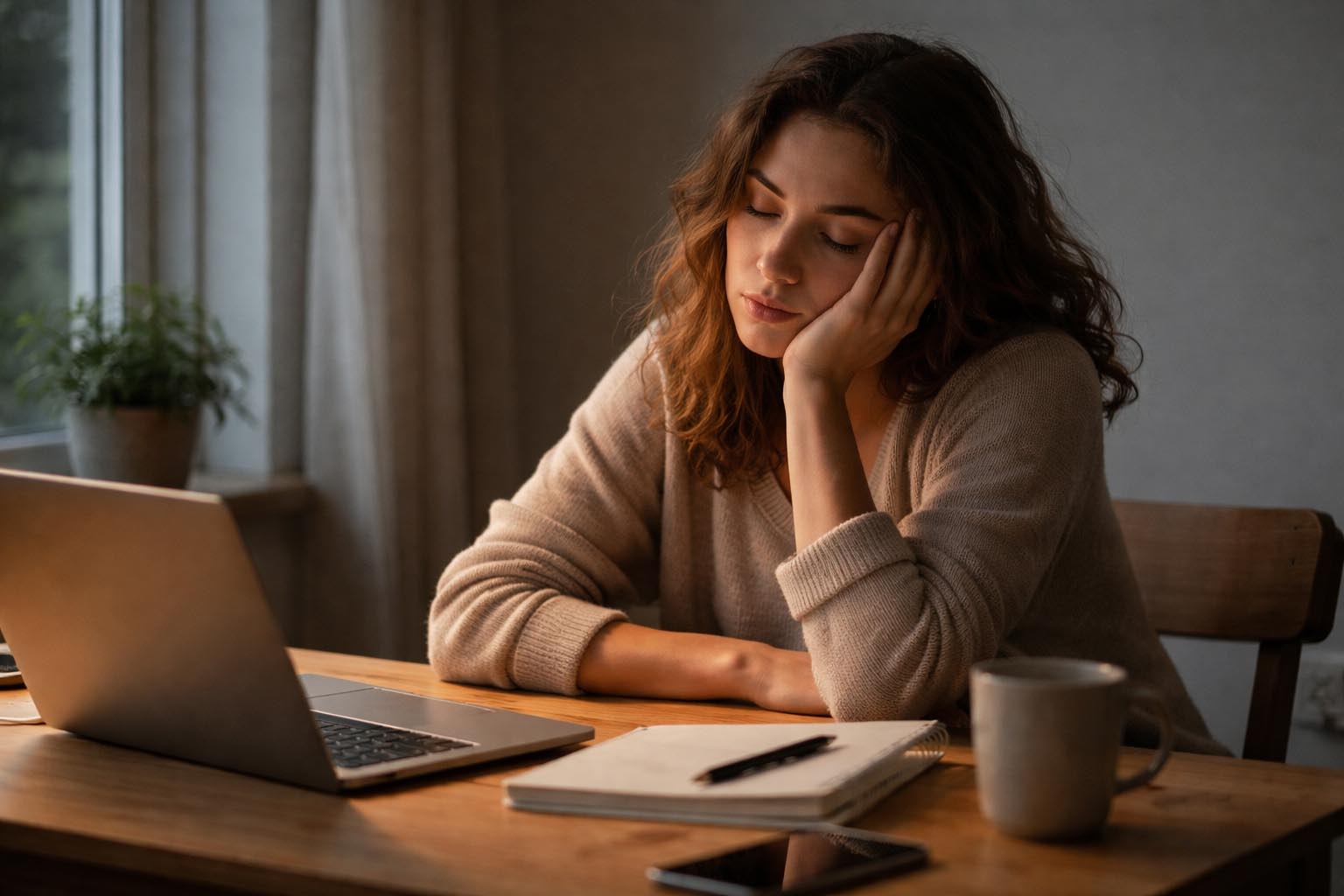 Osoba sedi umorna za radnim stolom sa spuštenom glavom.