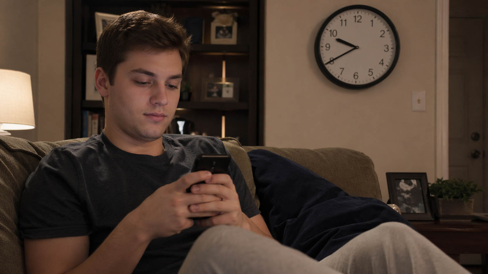 Mladić gleda u telefon dok vreme prolazi, deluje zamišljeno.