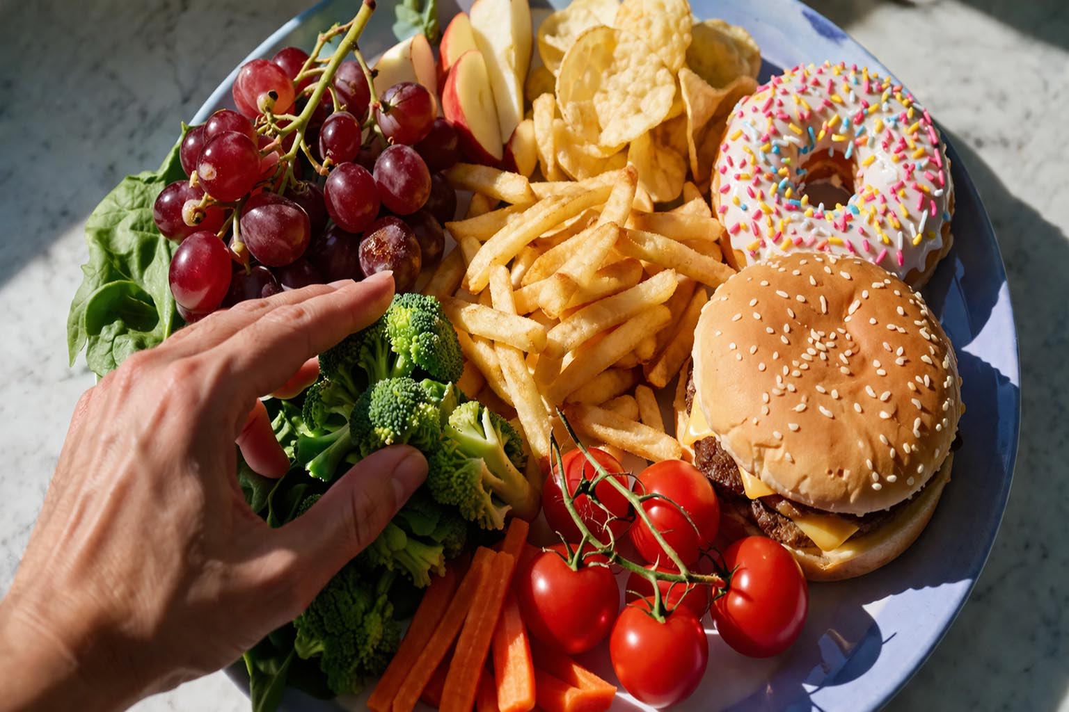 Krupan kadar tanjira sa raznobojnom hranom dok ruka pravi izbor šta da uzme.